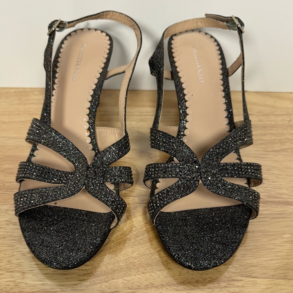 Charter Club Delilaa Fabric Black Strappy Glitter Sandals 10